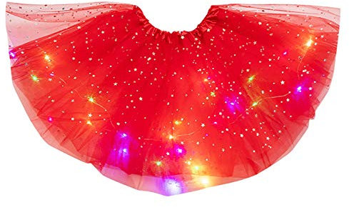 Damen Tüllrock mit Lichterkette Tutu 50er Rockabilly Petticoat Ballet Firt Tulle Tanzkleid Unterkleid Karneval Kostüm Festliche Tüll Crinoline Petticoat für Rockabilly Kleid Rot