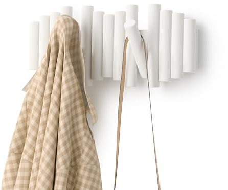 Umbra Picket Wall-Mounted Coat Rack Rail Hook with 5 Retractable Wood Pegs – Modern, Space-Saving Storage Organizer, White