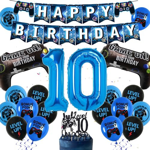 10 Videospiel Geburtstag Dekorationen - 38 Stück 10 Geburtstag Party Dekor Jungen Happy Birthday Banner Blau Nummer 10 Folienballon Game Controller Ballons Kuchen Topper für Jungen Gaming Party Dekor