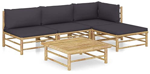 Willood 5-TLG. Gartenmöbel mit Dunkelgrauen Kissen Bambus Garten Garnitur Sitzgruppe Sofa Gartensofa Gartenset Sitzgarnitur Lounge Mittelsofa Ecksofa Fußhocker Eckteil+2X Mittelteil+Fußstütze+Tisch
