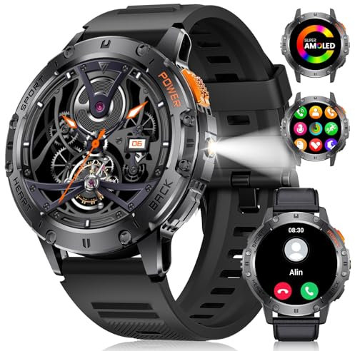 DREMAC Smartwatch Herren mit Taschenlampe, 1,43-Zoll-AMOLED-Smartwatch mit 530 mAh, Bluetooth-Anrufen, Schlafüberwachung, Schrittzähler, Sport-Silikon-Schwarze Smartwatch Android iOS