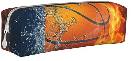 YWSOTRE Basketball in Wasser und Feuer, Bleistifttasche, Federmäppchen, tragbare Bleistifttasche aus Leder mit Reißverschluss, Kosmetiktasche