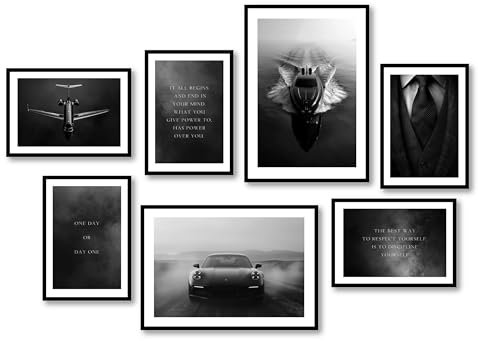MJ-GRAPHICS® - Mood Poster Set Bilder Büro, Wandbilder Wohnzimmer Deko, Wandbild Porsche, Motivation, 2xA3 5xA4 Poster & Kunstdrucke Schwarz Weiß Bilder Schlafzimmer, Bilder Modern ohne Rahmen