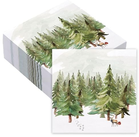 RUSPEPA 50 Servilletas De Árbol De Navidad - Servilleta De Papel Desechable De 3 Capas, Árbol De Navidad con Reno - 16,5x16,5 Cm / 33x33 Cm (Desplegada)