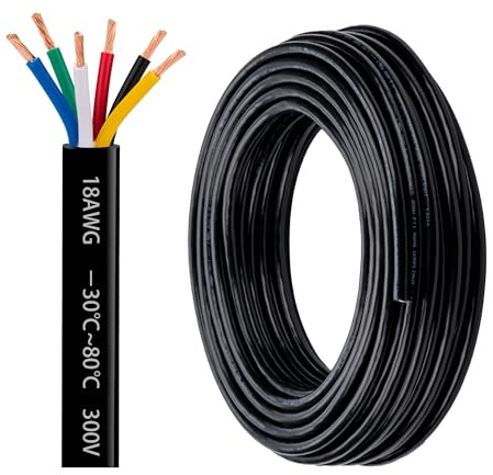 18 Gauge 6 Conductor Electrical Wire 18 AWG 6 Wire Oxygen-Free Copper PVC Stranded 50FT 18/6 Core Wire for LED Lighting Outdoor Low Voltage Extension Cable Automotive etc (18AWG-6C, 50FT)