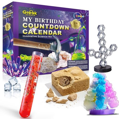 Greek Science Geburtstag Adventskalender für Kinder, 24 Tage Wissenschaft Experimente Countdown zum Geburtstag - Kristall wachsen, Edelsteine Graben, STEM Geburtstag Geschenkideen für Jungen Mädchen