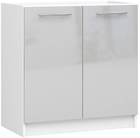 3E 3xE living.com Küchenspülenschrank: Zwei Türen, EIN Regal, Farbe: Weiß | metallischer Glanz, M: B: 80 cm, H: 82 cm, T: 46 cm.