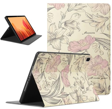 Kueqeay Funda para Samsung Galaxy Tab A7 10,4 Zoll 2020 (SM-T500/T505/T507), Aesthetic Flore Dibujos Diseño PU Leather Protector Soporte Función Ángulos Ajustables Flip Cubierta Tablet Case, Beige