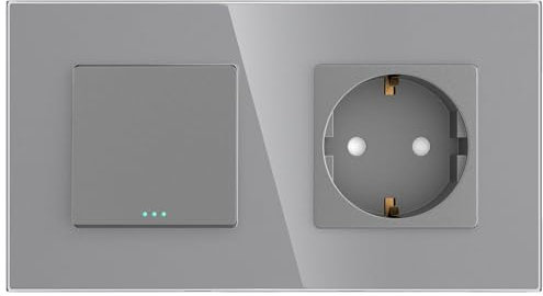 PULSAR Steckdose mit Kreuzschalter 2-Fach Glas - Lichtschalter Unterputz mit Schutzkontakt-Steckdose 16A 250V Grau