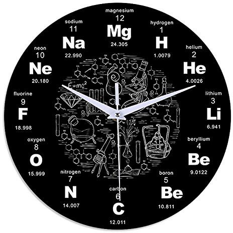 ZONJIE Moderne Wanduhr Mit Periodensystem der Chemie, Wissenschaftliches Experiment, Runde, Stille Acryl-Uhr, 30,5 cm, Schwarz - Geschenk für Wissenschaftsliebhaber