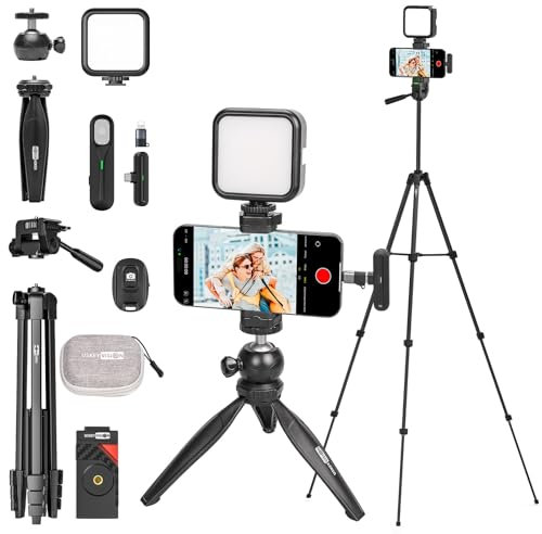 USKEYVISION Upgraded Vlogging Kit w/Wireless Lavalier Microphone,YouTube Kit for iPhone and Smartphone w/59” Retractable Tripod,Automatic Switch Phone Clamp,Content Creator Kit for TikTok(Vlog K5)