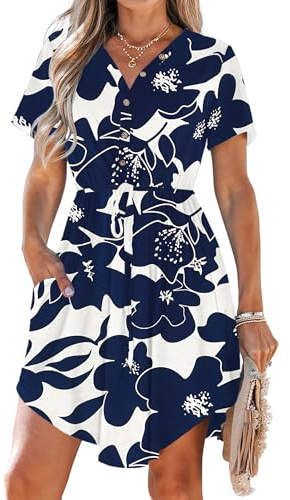 AUSELILY Summer Dresses for Women UK Casual V Neck Short Sleeve Drawstring Midi Dresses with Pockets White Navy Flowers 2XL