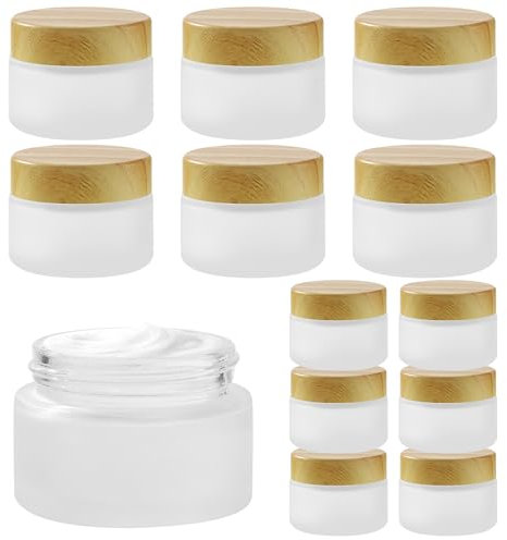 BUCOMTU 12 Stück gefrostete Gläser, Salbentiegel, 20 ml/30 ml, cremedosen zum befüllen,Kleines Glas mit Holzkorndeckel, transparente Probenflasche für kosmetische Creme,Creme,Augenlotion