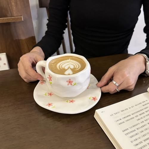 Koythin Ceramic Coffee Mug with Saucer Set, Cute Pink Small Flower Cup Unique Irregular Design for Office and Home, 10 oz/300 ml for Latte Tea Milk