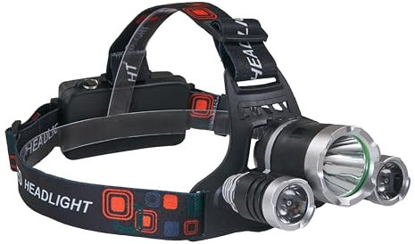 LED Stirnlampe - Akku - 5W T6 CREE + 2x 3W CREE PE - Kaltweißes Licht 6000k - Einstellbar und Wasserdicht - Ideal für Arbeit, Angeln, Jäger - Gehäusematerial: Aluminium + ABS