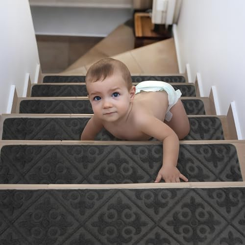 Spesh Treppenstufenmatten Selbstklebend 15 Stück, 76 x 20 cm Anti-Rutsch Stufenmatten Zuschneidbar, Rückstandsfrei Waschbar Treppenteppich für Holztreppen Innen, Sicher für Kinder Hunde Senioren