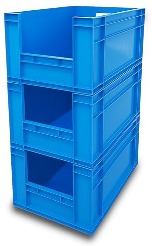 AUTORCE 3x 66LT Heavy Duty Plastic Storage Boxes – Open Front Large Industrial Euro Containers 600x400x320mm – Stackable Crates for Warehouse, Garage, Tools, Home & Commercial Use (Blue)