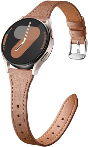 Easuny Schlankes Lederarmband Kompatibel mit Samsung Galaxy Watch 7 Armband | Echtes Leder Armbänder für Galaxy Watch 6 4 FE 40mm 44mm, 6 Classic 43mm 47mm, 5 Pro 45mm, 4 Classic 42mm 46mm, Braun/Silber