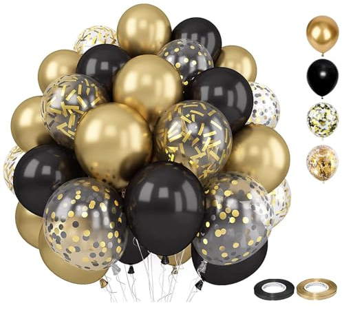 Luftballons Schwarz Gold, 60 Stück 12 Zoll Luftballons Geburtstag mit Konfetti Party Ballons, für Herren, Damen Geburtstag Boho Hochzeit Jugendweihe Verlobung