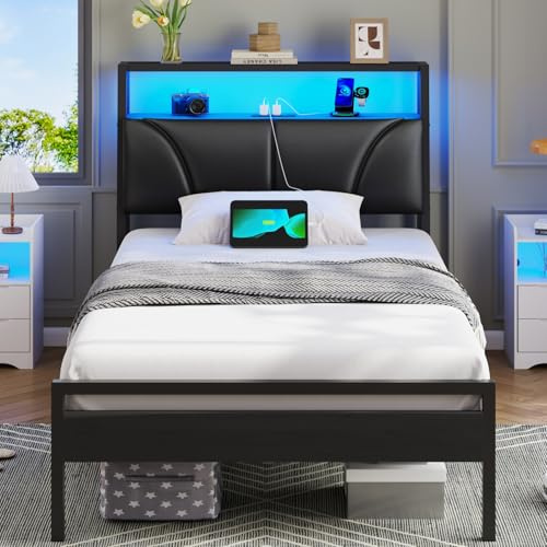 Brinlawb Bett 90x190 mit Lattenrost aus Metall Bettgestell 90x190 cm mit LED Beleuchtung, Jugendbett 90x190 mit Kopfteil und Ladestation(2 AC-Steckdosen,2 USB-Anschlüsse) Metallbett einzelbett Schwarz