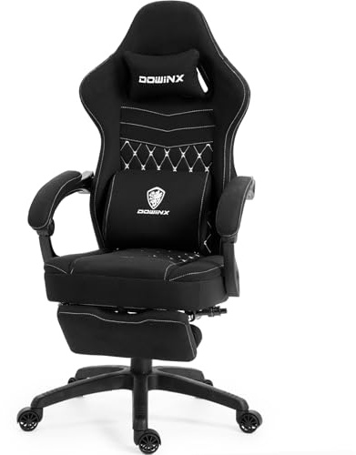 Dowinx Gaming-Stuhl Stoff mit Ausziehbare und Klappbare Fußstütze, Ergonomischer Bürostuhl mit Gelkissen und Taschenfederkissen, Massage Gaming Sessel Gamer Chair für Erwachsene Schwarz