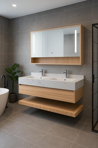 WITIT ARREDO BAGNO SET COMPLETO MOBILE BAGNO SOSPESO IN LEGNO BC009 DA 120 CM NOCE CHIARO CON 2 CASSETTI LAVABO BIANCO STRIATO IN CERAMICA E SPECCHIERA LED VETRO RISCALDABILE