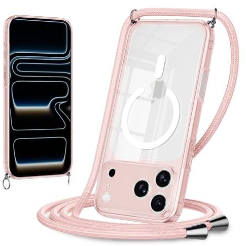 Coiwxmoi Magnetica Cover per iPhone 17 Pro con Cordino, Trasparente Ultra Sottile Silicone TPU Antiurto Anti-Graffio Custodia con Laccio Tracolla Cellulare (Rose)