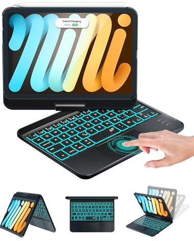 Baisla Keyboard Case for iPad mini 7/6, 8.3-inch, 360 Rotating, Black | For iPad mini A17 Pro 7th &iPad mini 6, Multi-touch Trackpad, 7 Modes, Adjustable Rainbow Backlit, Pencil Holder