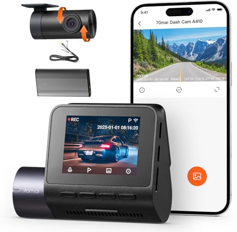 【70mai A410 Dashcam + 64GB SD Karte + Akku Pack BL96NNX】 70mai Dashcam Vorne und Hinten A410, HDR, Nachtsicht, F1.55 Blende, 24H Parkmodus, Eingebautes Wi-Fi & GPS, G-Sensor, Loop-Aufnahme