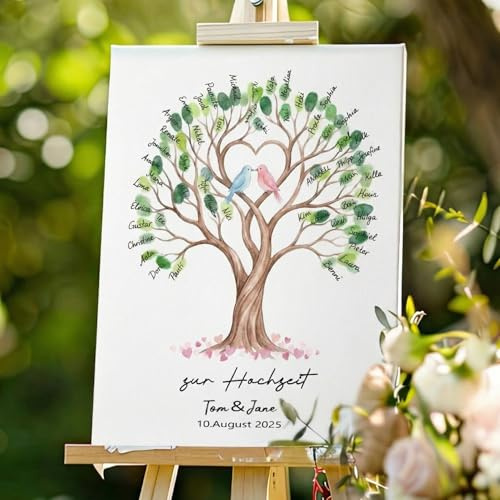 Tenare Gästebuch Hochzeit Leinwand mit Holzrahmen Fingerabdruck, 30 x 40 cm | Fingerabdruck Set, mit Stempelkissen und Stift, Hochzeitsgeschenk und Alternative für Brautpaar, Hochzeitsbaum