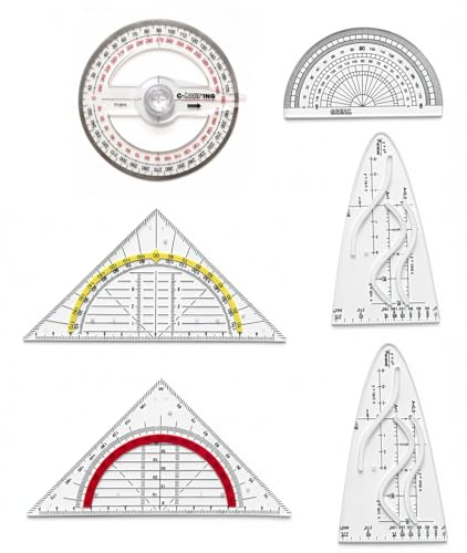 Gefaps Set di Geometria in Acrilico Trasparente – con Squadra, Sagoma per Parabola e Goniometro – Ideale per Scuola, Matematica, Disegni Tecnici e Diagrammi