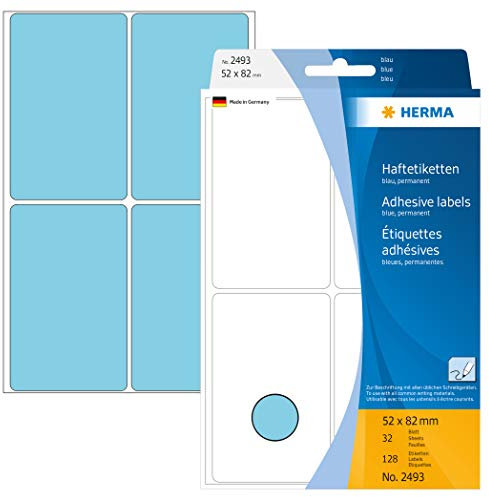 HERMA 2493 Vielzweck-Etiketten, 128 Stück, 52 x 82 mm, 4 pro Bogen, selbstklebend, Haushaltsetiketten zum Beschriften, matt, blanko Papier Klebeetiketten Aufkleber, blau