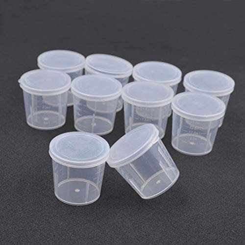 Set di 10 bicchierini graduati, da 30 ml, in plastica, per laboratorio, esperimenti chimici, cucina, con coperchio, per misurare liquidi e mescolare resina epossidica e vernice medium bianco