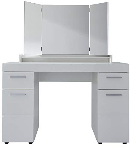 trendteam smart living - Amanda - Schminktisch - Weiß/Weiß Hochglanz - Schreibtisch mit klappbaren Aufsatzspiegel 4 Fächer und 2 Schubladen - (BxHxT) 120 x 141 x 41 cm - Kosmetiktisch mit Stauraum