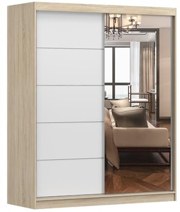 MOEBLO Kleiderschrank Schwebetürenschrank mit Spiegel 2-türig Schrank mit Einlegeböden und Kleiderstange Gaderobe Schiebtüren BxHxT 160x195x61 Eva BIS05 (Sonoma + Weiß)