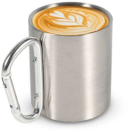 Tasse de camping avec poignée à mousqueton, Tasse à usage extérieur, tasse de camping, Tasse d’extérieur,tasse à café double paroi en acier inoxydable mug metal pour la randonnée, le trekking,220ml