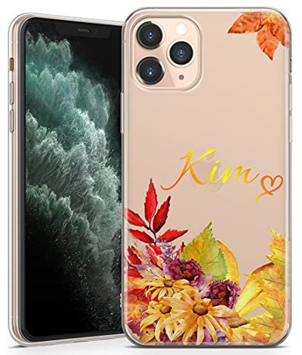 Personalised Phone Case for iPhone 6 / 6s - Clear Soft Gel TPU Custom Cover Autumn Flower Leaves Individual Fall Mood Style Text - Yellow Name