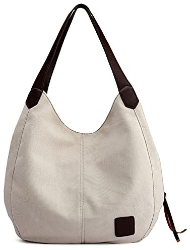 DIRRONA Borsa In Tela Casuale Donna A Spalla Leggera Alta Capacità Tote Per Viaggio Vacanza Spiaggia Beige Bianco