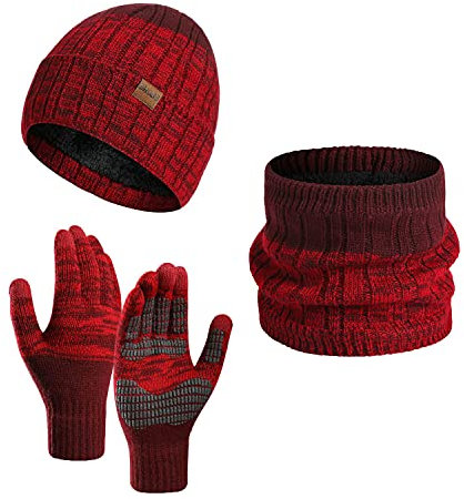 Daysskk Mütze Schal Handschuhe set Damen Warmes Set Wintermütze Beanie Damen Touchscreen Handschuhe Strickmütze Damen Winter Weihnachtsgeschenke für Frauen Rot