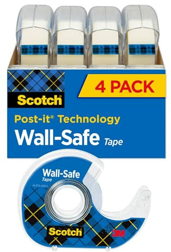 Scotch Brand Scotch Wall-Safe Tape, Sticks Securely, Removes Cleanly, Invisible, Photo-Safe, Engineered for Office and Home Use, 3/4 x 650 Inches, 4 Dispensered Rolls (4183)