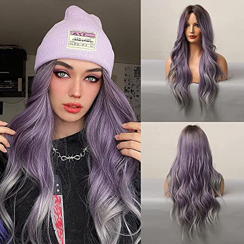 Esmee Ombre Lila bis Grau Perücken für Frauen Synthetische Hitzebeständige Faser Natürliche Lange Welle Perücken für Tägliche Partei Cosplay Tragen