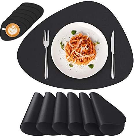 Deyooxi Platzset Abwaschbar Leder - 6 Tischsets Abwaschbar Rund mit 6 Untersetzer rutschfest Platzdeckchen Doppelseitigen Tischsets, PU Kunst Leder Hitzebeständig - 41.5×31cm,Schwarz