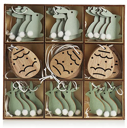 com-four® 36x Dekoaufhänger Ostern - Osterschmuck aus Holz zum Aufhängen - Holzaufhänger für den Osterstrauß - Hasen und Eier (36 Stück - Ostermix - blau)