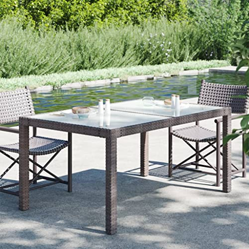 SKM Mesa de jardín de 150 x 90 x 75 cm, cristal templado de polirratán marrón