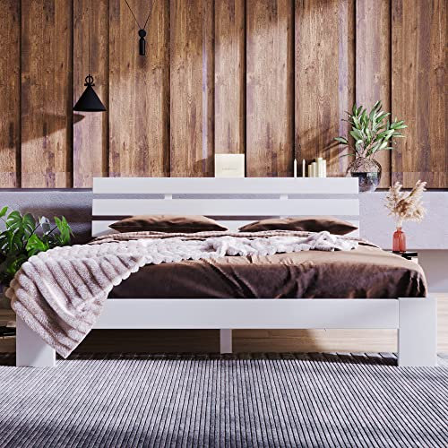 Merax Holzbett Doppelbett mit Kopfteil aus Bettgestell mit Lattenrost - Anzug für 200 x 140 cm Matratze Massivholz Massiv Doppelbett als Ehebett verwendbar, inkl. Rückenlehne (Weiß)