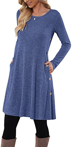 MOLERANI Pulloverkleid für Damen Langarmkleid Damen Knopf Lässiges Tunikakleid mit Taschen Marineblau XXL