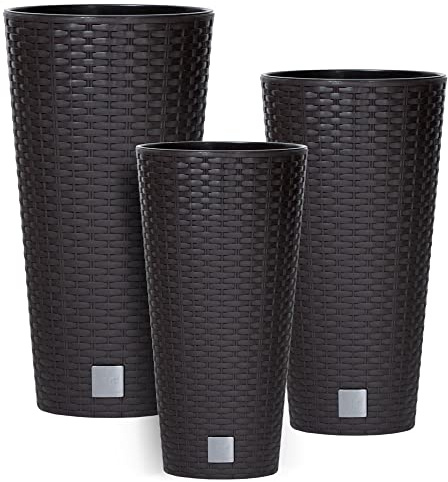3 stck Blumentopf Rattan Hohe Verschiedene Größen H 38+47+57 cm Umbra Einsatz Kunststoff mit Pflanzeinsatz Rund