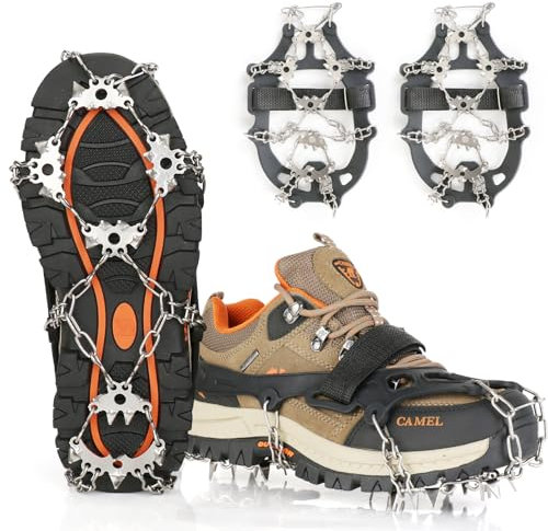 Yoomens Ramponcini/Ramponi per Scarponi con 24 Denti Catene in Acciaio Inossidabile Antiscivolo Spikes Neve Ramponi Ghiaccio Portabile Trekking Escursionismo Camping Moutaineering Winter(XL)