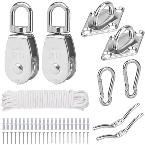 TooTaci Crane Pulley Block Set, M25 Stainless Steel Lifting Pulley Wheel with 6mm/10M Nylon Pulley Rope & Carabiner, Oblong Eye Pad Plate, Cleat Hooks,for Washing Line, Shade Sail