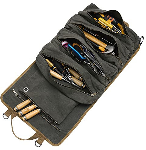 Werkzeug-Rolltaschen | Robuste Werkzeugrolle aus 16oz gewachstem Segeltuch, 5 verteilte & 1 abnehmbare Reißverschlusstasche, Vielseitiges werkzeug tool tasche für Elektriker Mechaniker | Armee grün
